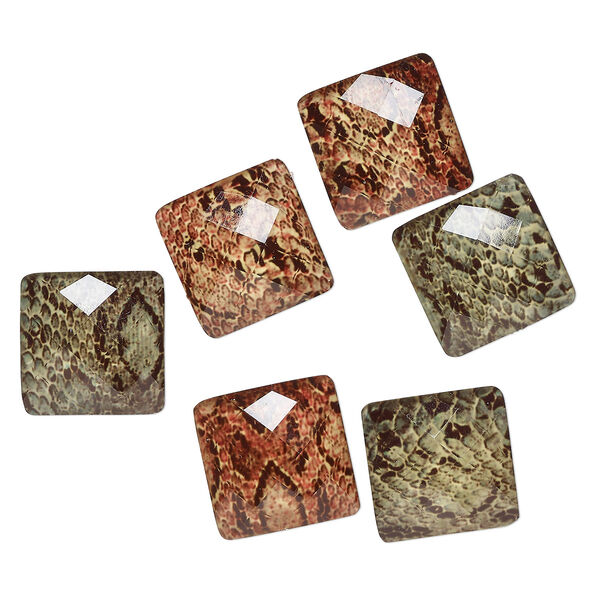 Flat back mix, acrylic, green / brown / black, 18-19mm faceted square with snakeskin pattern. Sold per pkg of 6. image number 0