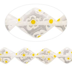 Bead, millefiori glass, translucent clear / white / yellow, 13x10mm puffed diamond with 0.6-0.8mm hole. Sold per 15-inch strand.