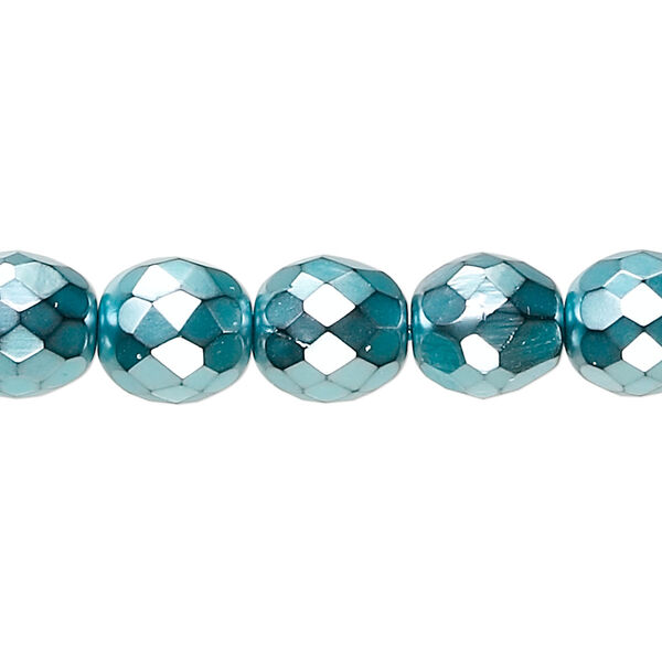 Bead, Czech fire-polished glass, opaque aqua carmen, 10mm faceted round. Sold per 15-1/2" to 16" strand. image number 0