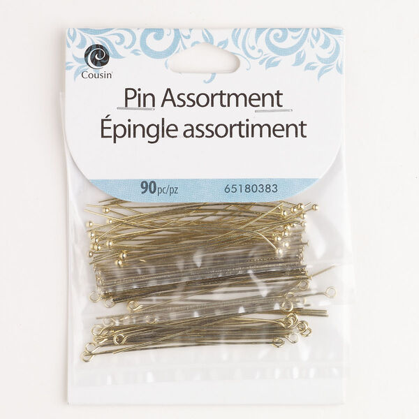 Head pin and eye pin assortment, "pewter" (zinc-based alloy) and steel, pkg/90, gold finish, 2 inches with eye / flat head / ball tip, 22-24 gauge. image number 0