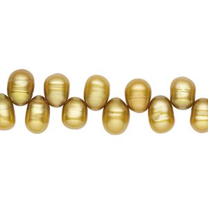 Pearl, cultured freshwater (dyed), golden olive, 6x5mm-8x5mm top-drilled rice with 0.4-0.5mm hole, D grade, Mohs hardness 2-1/2 to 4. Sold per 15-inch strand.