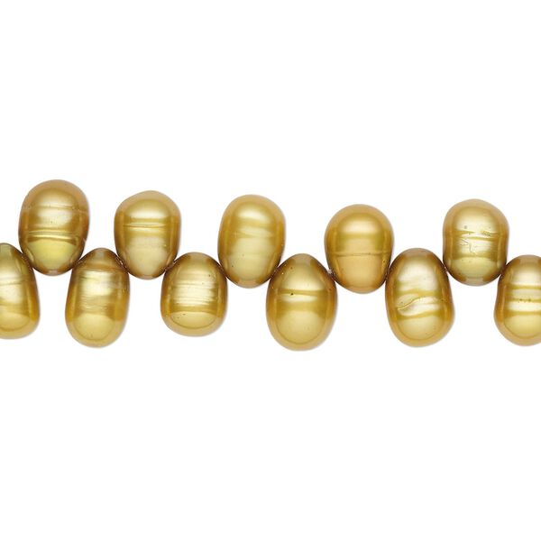 Pearl, cultured freshwater (dyed), golden olive, 6x5mm-8x5mm top-drilled rice with 0.4-0.5mm hole, D grade, Mohs hardness 2-1/2 to 4. Sold per 15-inch strand. image number 0