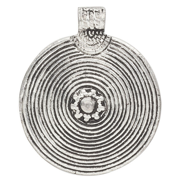 Pendant, antiqued aluminum, 50mm flat round with spiral design. Sold individually. image number 0