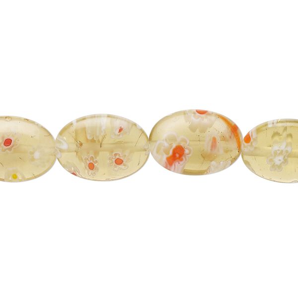 Bead, millefiori glass, translucent yellow-green / red / white, 14x9mm puffed oval. Sold per 15-1/2" to 16" strand. image number 0