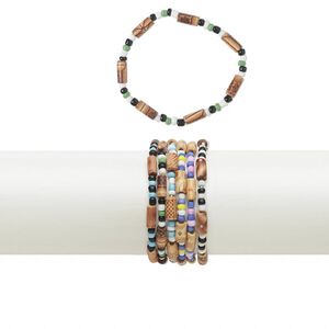 Bracelet mix, stretch, wood (coated) / acrylic / glass / ceramic, multicolored, 5mm wide, 6-1/2 inches. Sold per pkg of 10.