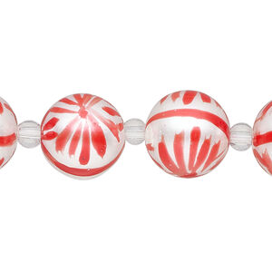 Bead, glass 1pkg8, opaque white and red, 14mm hand-painted round.