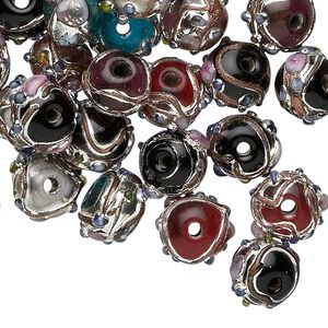 Bead mix, lampworked glass, purple / red / green / white / black with silver-colored finish, 10x8mm rondelle. Sold per 50-gram package, approximately 40-50 beads.