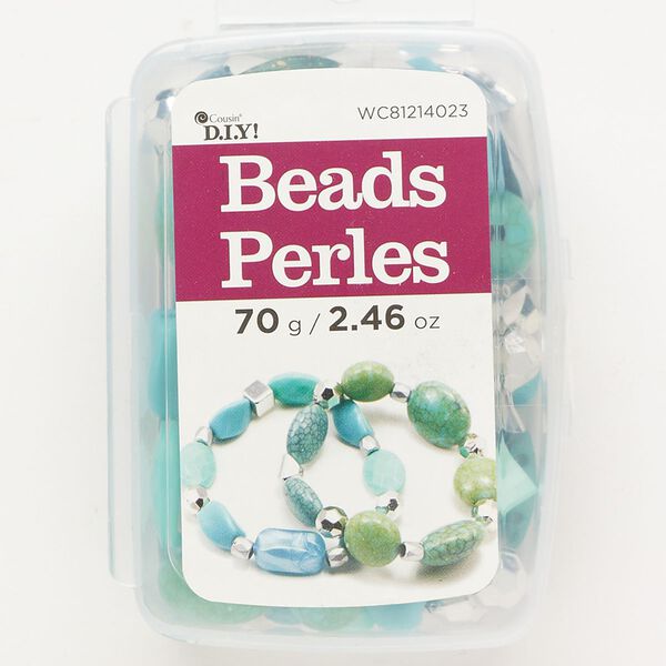 Bead mix 1pkg1 acrylic 6x5mm-30x24mm mixed shapes, blue / green / CCB silver 70 grams image number 0