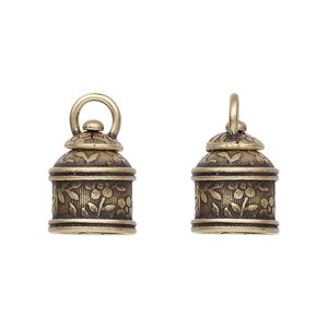 Cord end, JBB Findings, antiqued brass, 15x12mm tube with swivel and flower and leaves design, 9.5mm inside diameter. Sold per pkg of 2.