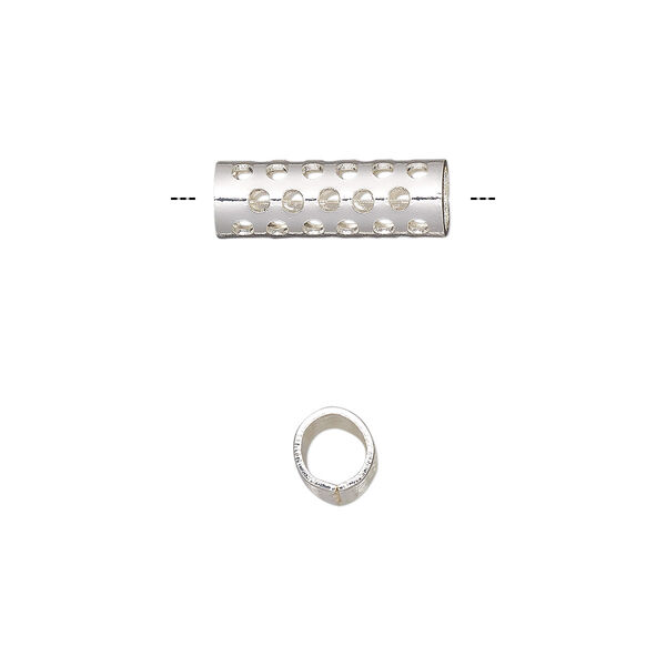Bead, silver-finished steel, 16x5.5mm round tube with cutout dot design. Sold per pkg of 10. image number 0