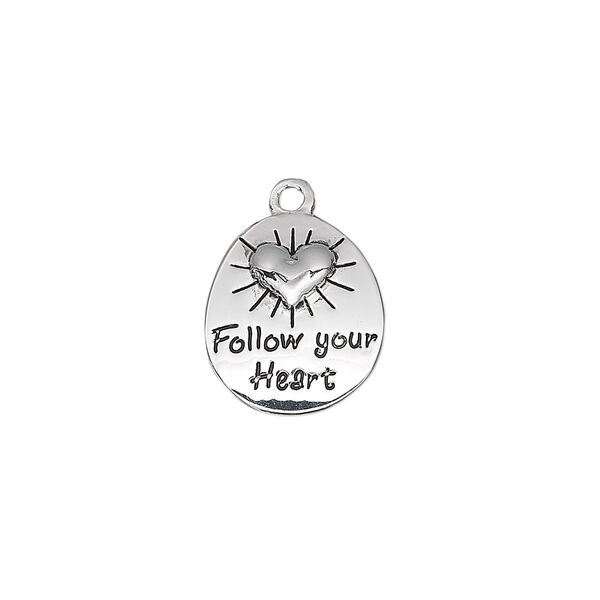 Drop, antique silver-plated "pewter" (zinc-based alloy), 15x13mm single-sided flat oval with raised heart design and engraved "Follow your Heart." Sold per pkg of 4. image number 0