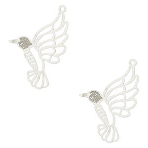 Charm, Lazer Lace™, stainless steel, 24x17mm single-sided hummingbird. Sold per pkg of 2.