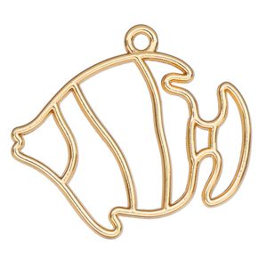 Component, resin frame, gold-finished "pewter" (zinc-based alloy), 40x30mm open tropical fish. Sold per pkg of 2.