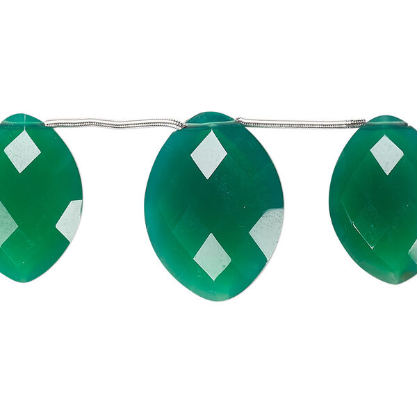 Bead, green onyx (dyed), 18x13mm and 20x15mm hand-cut top-drilled faceted puffed marquise, B grade, Mohs hardness 6-1/2 to 7. Sold per pkg of 3 beads. image number 0