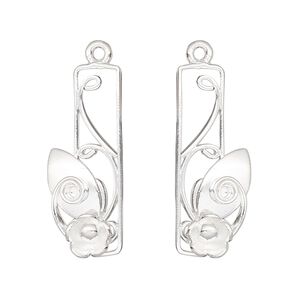 Focal, Hill Tribes, silver-plated brass, 30x11mm single-sided left- and right-facing open rectangle with flower / leaf / spiral design. Sold per pkg of 2.
