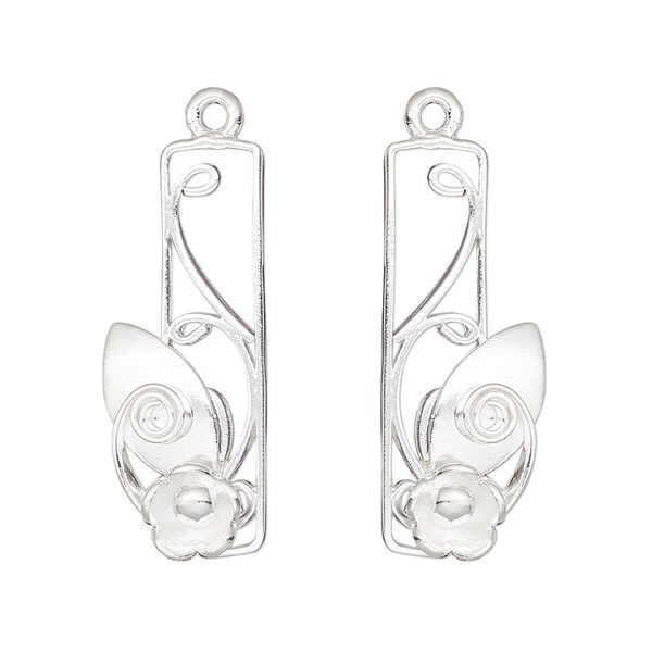 Focal, Hill Tribes, silver-plated brass, 30x11mm single-sided left- and right-facing open rectangle with flower / leaf / spiral design. Sold per pkg of 2. image number 0
