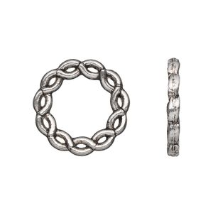 Component, antique silver-plated "pewter" (zinc-based alloy), 20mm double-sided round donut with twisted rope design. Sold per pkg of 20.