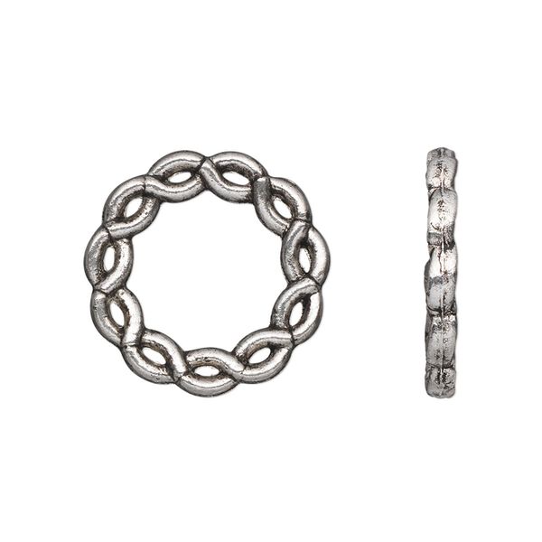 Component, antique silver-plated "pewter" (zinc-based alloy), 20mm double-sided round donut with twisted rope design. Sold per pkg of 20. image number 0