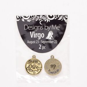 "Pewter" (zinc-based alloy) / enamel 1pkg2, 2-sided round charm / Virgo / "Practical" antique gold finish / black 18mm