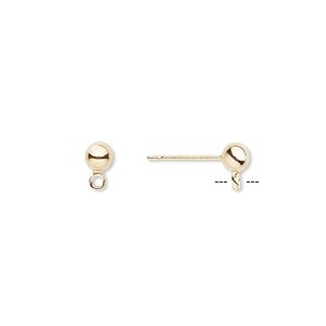 Earstud 1pkg500, 4mm ball / closed loop, gold-finished brass / stainless steel 250 pair