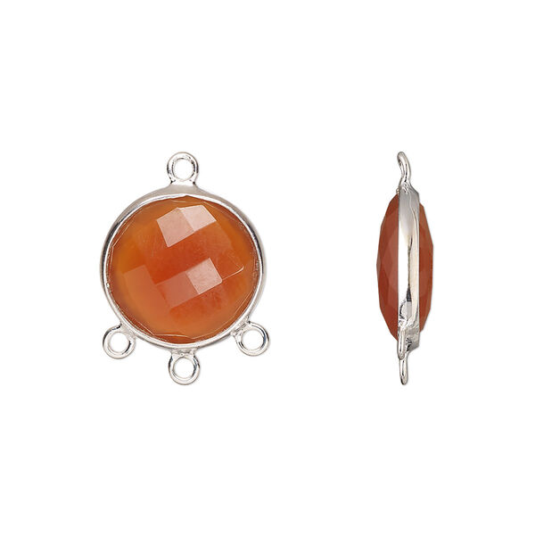 Drop, sterling silver and carnelian (dyed / heated), 14mm hand-cut double-sided faceted puffed flat round with 3 closed loops, Mohs hardness 6-1/2 to 7. Sold individually. image number 0