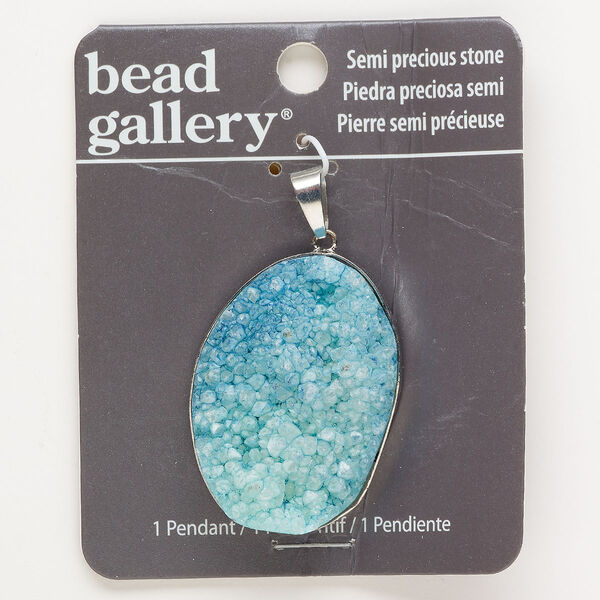 Pendant, silver-finished druzy agate (dyed), light aqua blue, 42x29mm oval. Sold individually. image number 0