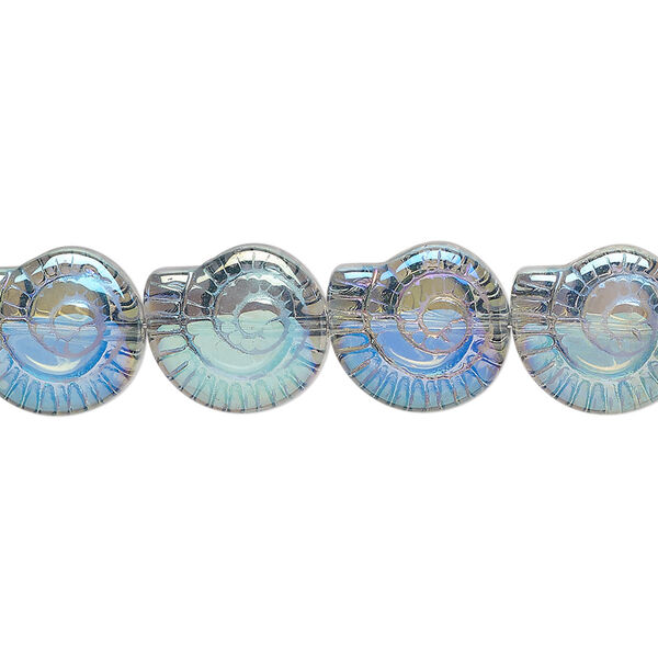 Bead, glass, translucent green AB, 12x11.5mm nautilus shell. Sold per 15-1/2" to 16" strand. image number 0