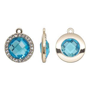 Drop, glass / glass rhinestone / gold-finished "pewter" (zinc-based alloy), clear and transparent sapphire blue, 19mm single-sided round. Sold per pkg of 2.