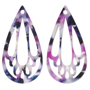Focal, resin, purple / dark purple / white, 49x25mm teardrop with cutouts. Sold per pkg of 4.
