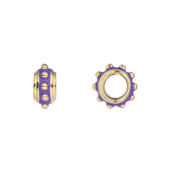 Bead, Dione®, gold-finished "pewter" (zinc-based alloy) and enamel, purple, 12x6mm beaded rondelle with 5mm hole. Sold individually. image number 0