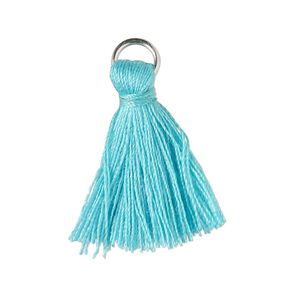 Tassel, cotton and imitation rhodium-finished steel, turquoise green, 20-24mm mini tassel with 6mm open jump ring. Sold per pkg of 6.
