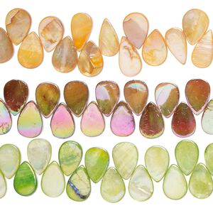 Bead mix, mother-of-pearl shell (bleached / dyed), multicolored AB, 12x8mm-16x11mm flat teardrop with 0.4-0.6mm hole, Mohs hardness 3-1/2. Sold per pkg of (3) 15-inch strands.
