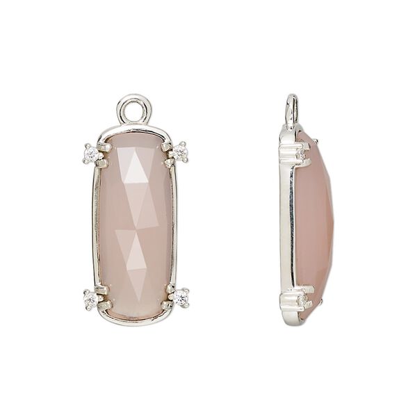 Drop, pink chalcedony (dyed) / cubic zirconia / sterling silver, clear, 21x11mm hand-cut single-sided faceted oval, Mohs hardness 6-1/2 to 7. Sold individually. image number 0