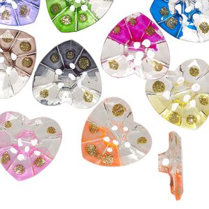 Button, acrylic, clear/white/multicolored with gold-colored glitter, 30x29mm single-sided heart with painted dots. Sold per pkg of 12.