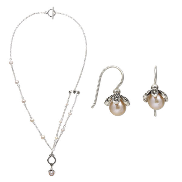 Necklace and earring set, One of a Kind Jewelry, sterling silver / cultured freshwater pearl / marcasite, 24-inch necklace. Only one available. image number 0