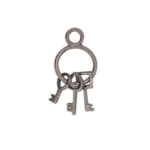 Charm, gunmetal-plated "pewter" (zinc-based alloy), 21x12mm double-sided key ring with (3) keys. Sold per pkg of 10.