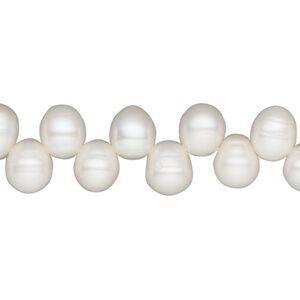 Pearl, cultured freshwater (bleached), white, 8x6mm-10x7mm top-drilled rice, C grade, Mohs hardness 2-1/2 to 4. Sold per 15-inch strand.