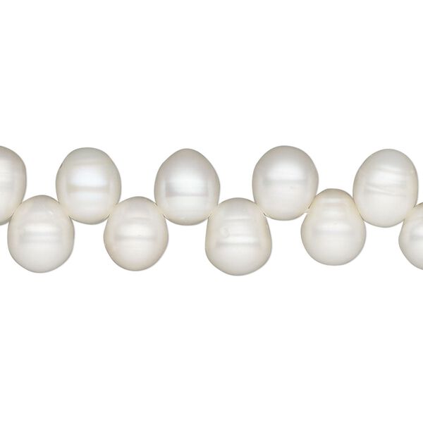 Pearl, cultured freshwater (bleached), white, 8x6mm-10x7mm top-drilled rice, C grade, Mohs hardness 2-1/2 to 4. Sold per 15-inch strand. image number 0