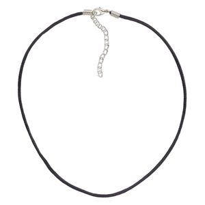 Necklace cord, nylon with silver-plated steel and "pewter" (zinc-based alloy), black, 2mm round, 16 inches with 3-inch extender chain and lobster claw clasp. Sold per pkg of 10.