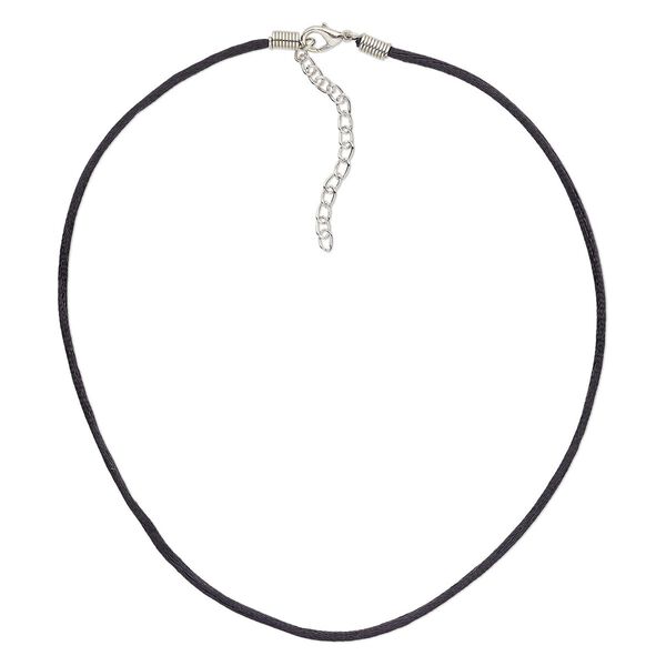 Necklace cord, nylon with silver-plated steel and "pewter" (zinc-based alloy), black, 2mm round, 16 inches with 3-inch extender chain and lobster claw clasp. Sold per pkg of 10. image number 0