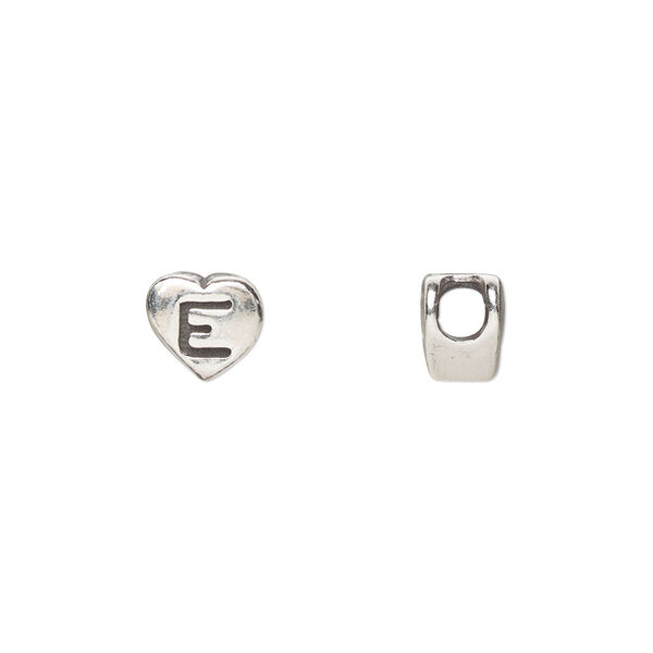 Bead, sterling silver, 7.5x7mm heart with alphabet letter "E." Sold individually. image number 0