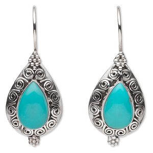 Earring, turquoise (stabilized) and sterling silver, 40mm with filigree design and 14x9mm teardrop with fishhook ear wire. Sold per pair.