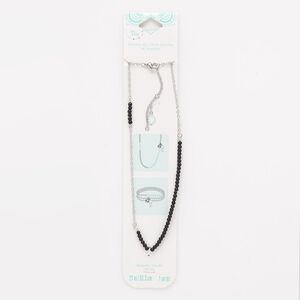 Necklace, glass / silver-finished "pewter" (zinc-based alloy) / steel, black, 3mm round, 21 inches with 2-inch extender chain and lobster claw clasp. Sold individually.