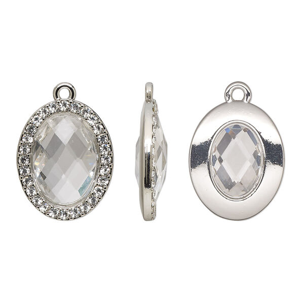 Drop, glass / glass rhinestone / imitation rhodium-finished "pewter" (zinc-based alloy), transparent clear, 23.5x19mm single-sided oval. Sold per pkg of 2. image number 0