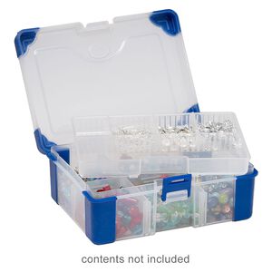 Organizer, acrylic and rubber, clear and blue, 6-1/2 x 4-1/2 x 2-1/4 inch rectangle with tray insert, 3-11 adjustable compartments. Sold individually.