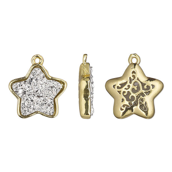 Drop, Druzylite™, "druzy" (resin) and gold-finished brass, silver, 15x14mm two-sided star with open filigree back. Sold per pkg of 4. image number 0