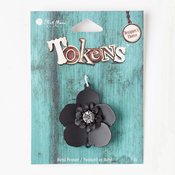 Focal, "pewter" (zinc-based alloy) and glass rhinestone, clear and matte black, 37x35mm flower. Sold individually. image number 0