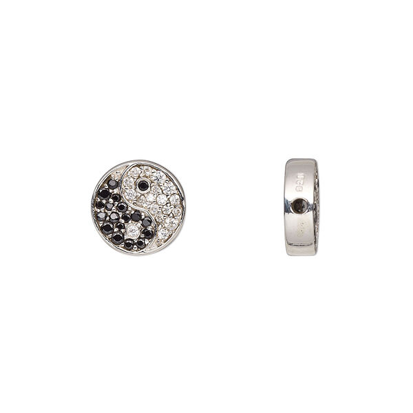 Bead, sterling silver and cubic zirconia, black and clear, 10mm flat round with yin-yang design. Sold individually. image number 0