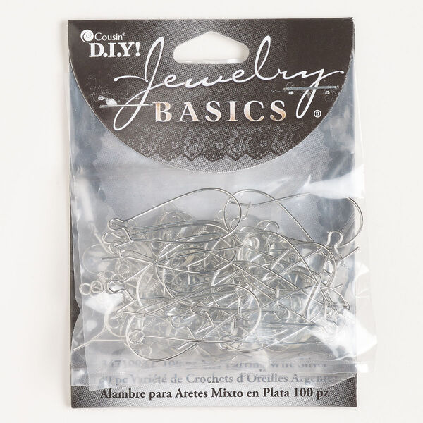 Ear wire assortment, steel, pkg/50 pairs, 16mm fishhook with open loop and 33mm kidney with open loop, 21 and 22 gauge, silver finish. image number 0