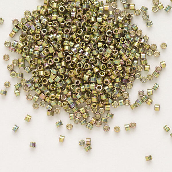 Seed bead, Delica®, glass, pkg/50g, #11 round, opaque 24Kt Lt. gold-plated iris green (DB-0508). image number 0